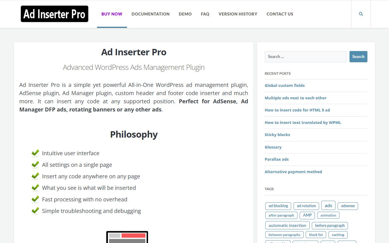 Ad Inserter Pro website screenshot