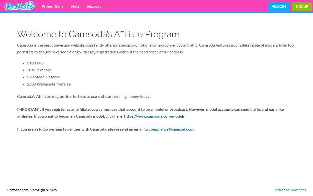 CamSoda Affiliates website screenshot