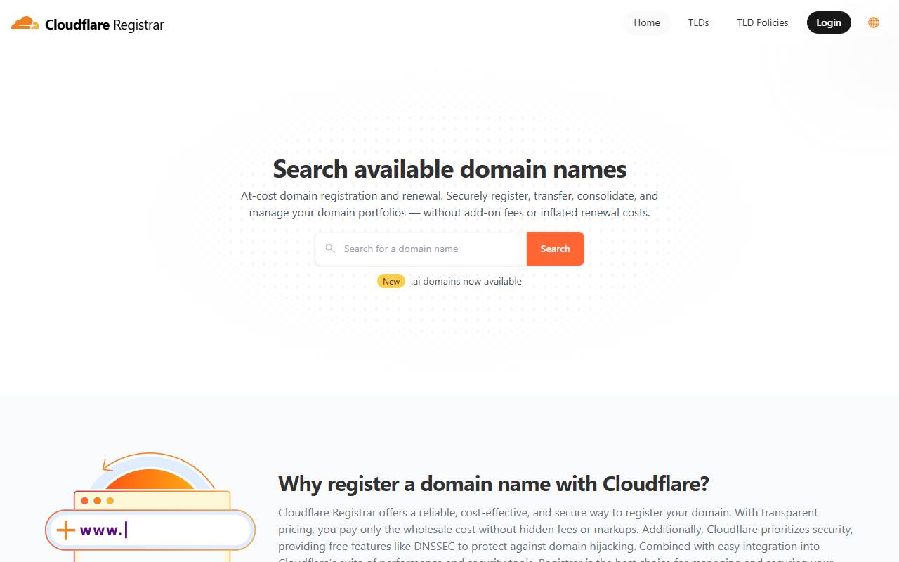 Cloudflare Registrar website screenshot