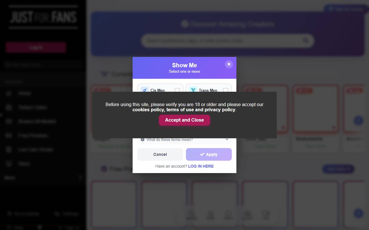 JustForFans website screenshot