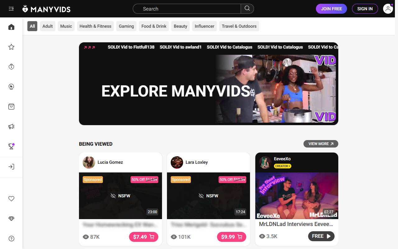 ManyVids website screenshot