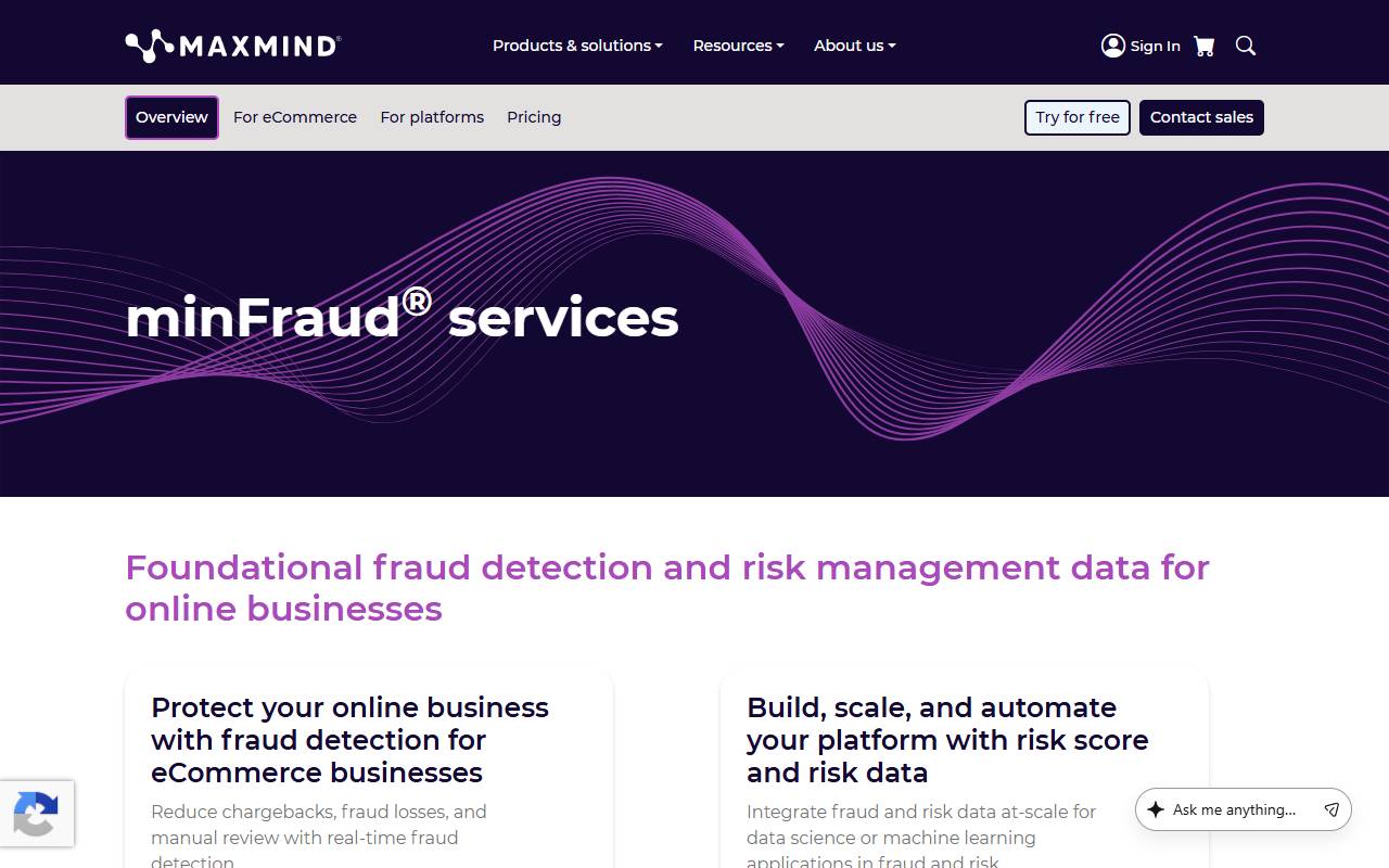 MaxMind minFraud website screenshot