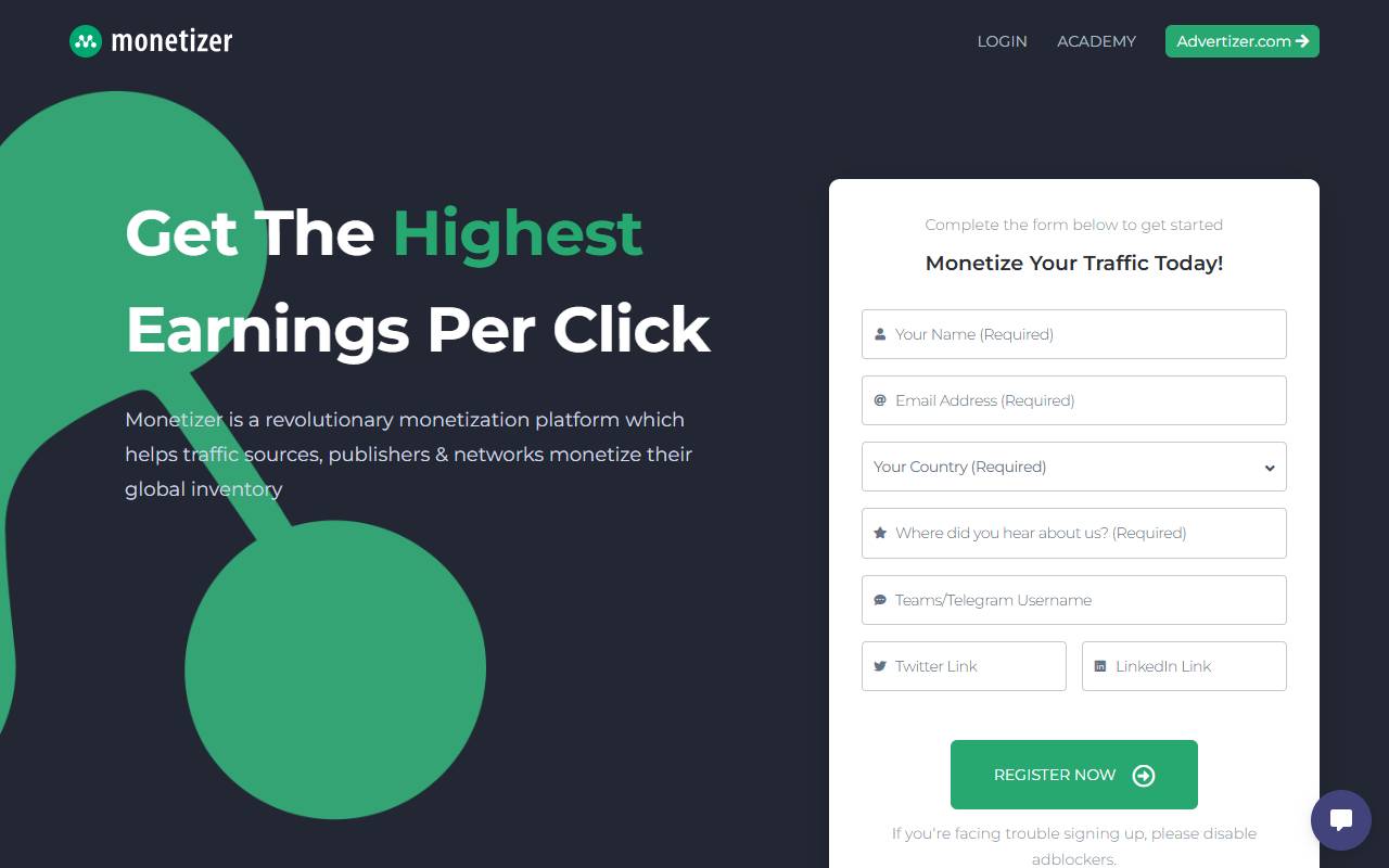 Monetizer website screenshot