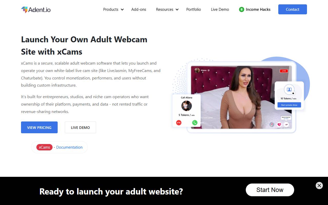 xCams website screenshot